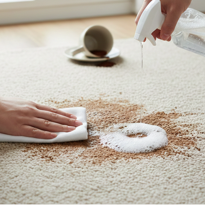 Coffee cup spilled on a carpet floor