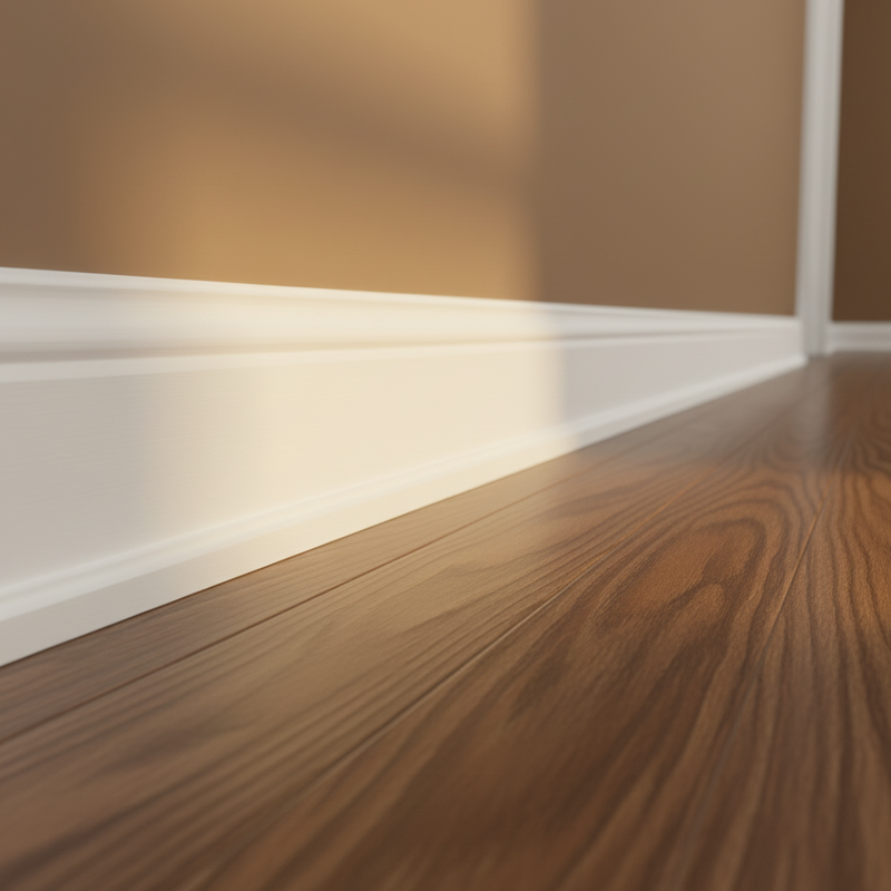 Wood flooring and white baseboards